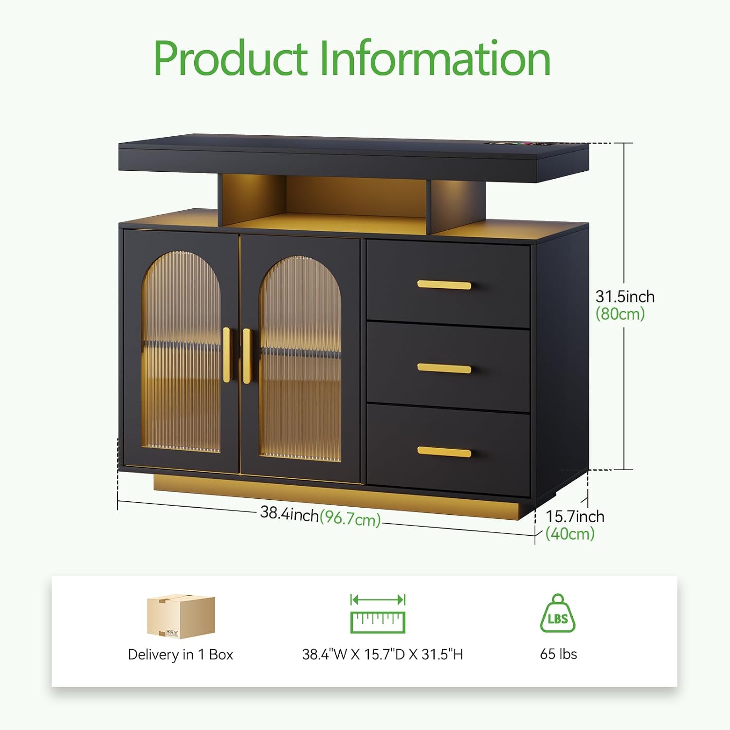 HNEBC LED Sideboard Buffet with Charging Station, Smart Bar Cabinet with Auto RGB Lighted, Coffee Bar with 3 Drawers/Adjustable Shelf for Living Room, Dining Room,Home Storage (Black)