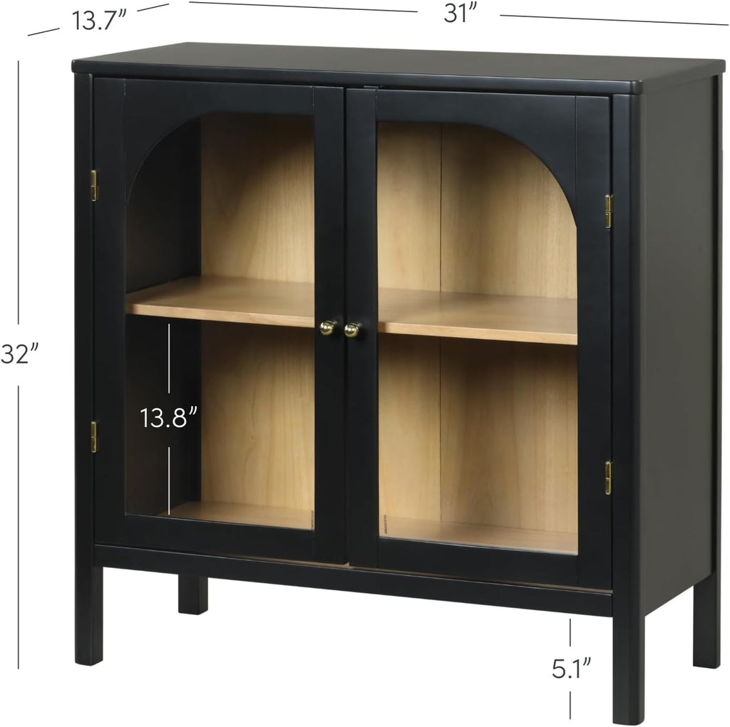 Nathan James Mason Storage Cabinet, Free Standing Accent Sideboard Buffet, Credenza with Glass Doors and Adjustable Shelf in Black Oak Wood for Dining Room, Entryway and Living Room, Clear Glass/Black