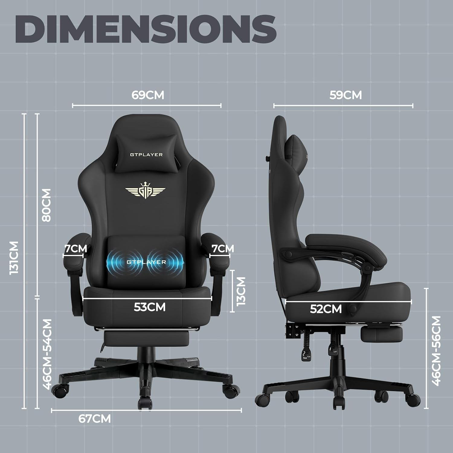 GTPLAYER Gaming Chair with Pocket Spring Cushion, Big and Tall Gamings Chairs 350LBS High Back Computer Chair with Footrest for Adults Lumbar Support Swivel Game Chair for Office,Leather Black-Massage