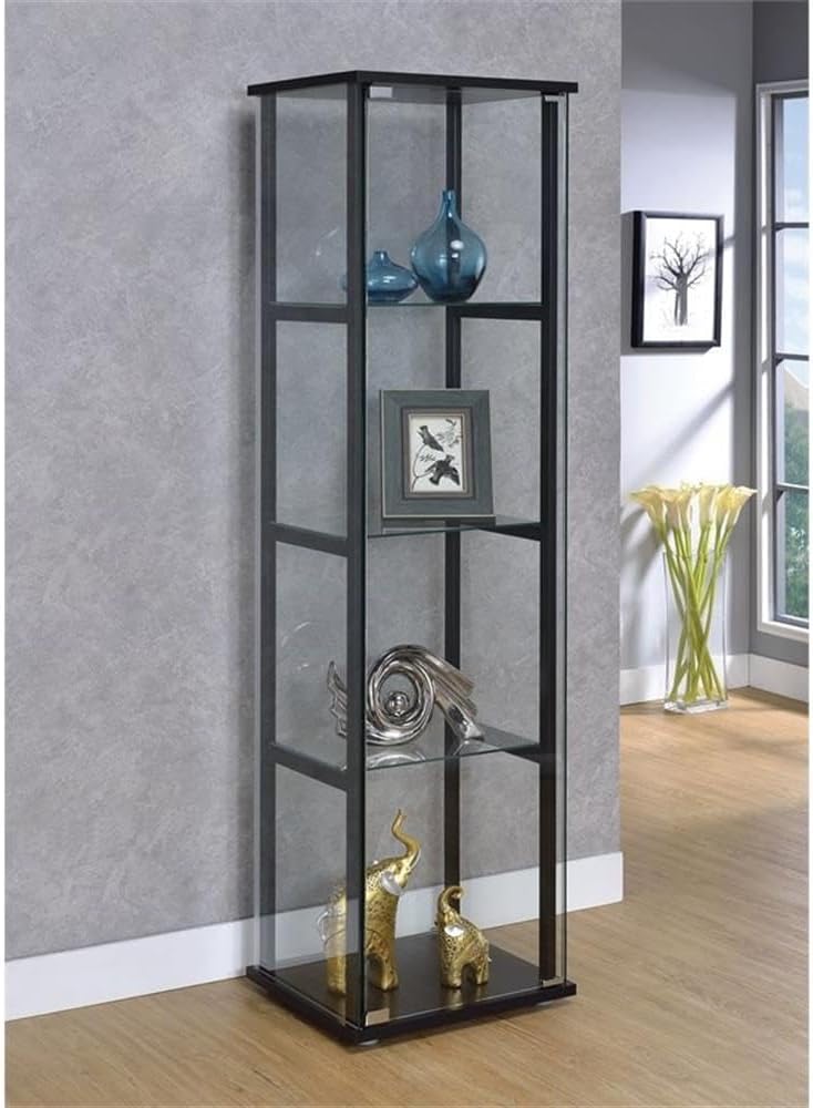 BOWERY HILL Contemporary Wood Glass Curio Cabinet, Black Finish, 4 Shelves, Clear Tempered Glass Door, 63.75' H x 16.75' W x 14.25' D, Modern Display Shelf for Living Room or Home Decor