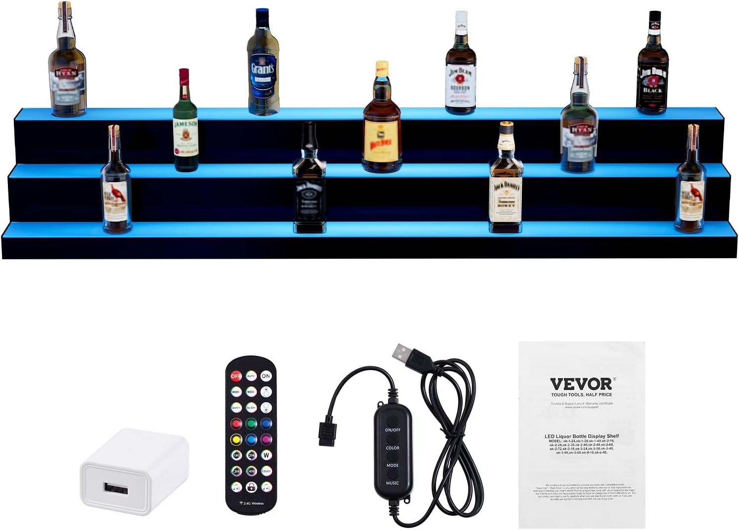 VEVOR LED Lighted Liquor Bottle Display Shelf, 3 Tiers 60 Inches, Supports USB, Illuminated Home Bar Shelf with RF Remote & App Control 7 Static Colors 1-4 H Timing, Acrylic Light Shelf