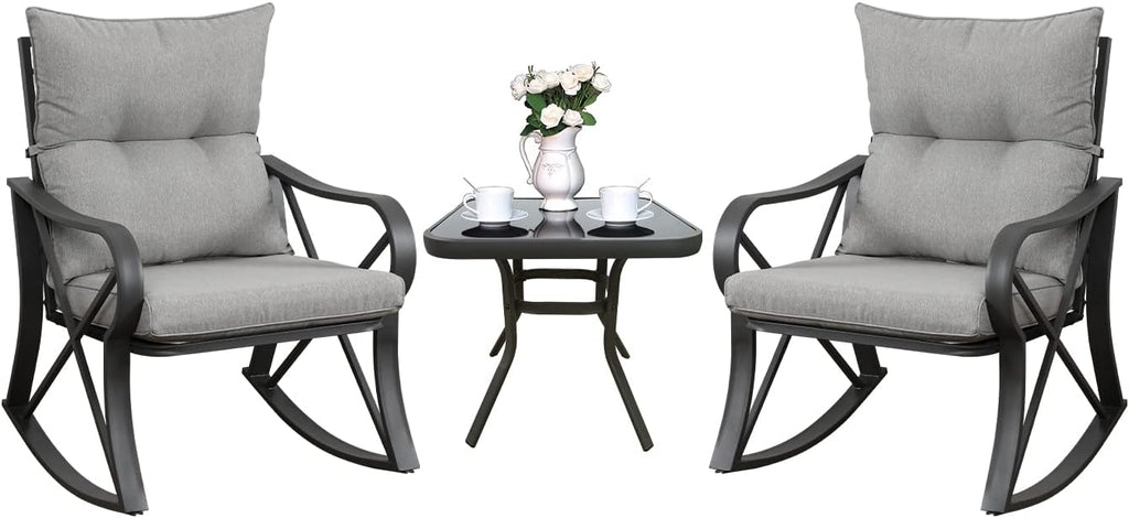 COSIEST 3 Piece Bistro Set Patio Rocking Chairs Outdoor Furniture w Warm Gray Cushions, Glass-Top Table for Garden, Pool, Backyard