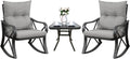 COSIEST 3 Piece Bistro Set Patio Rocking Chairs Outdoor Furniture w Warm Gray Cushions, Glass-Top Table for Garden, Pool, Backyard