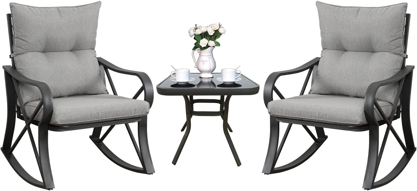 COSIEST 3 Piece Bistro Set Patio Rocking Chairs Outdoor Furniture w Warm Gray Cushions, Glass-Top Table for Garden, Pool, Backyard