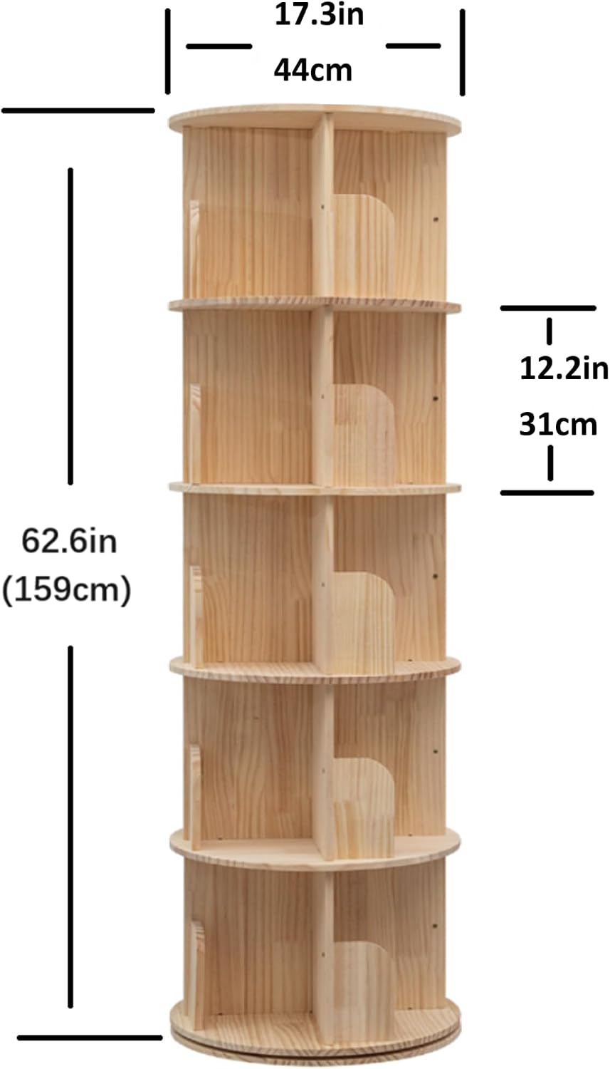 Heehee Wooden Rotating Bookshelf 360 Display Floor Standing Bookcase Storage Rack for Kids&Adults Multi-Functional Bookshelf Organizer (5-Tier)