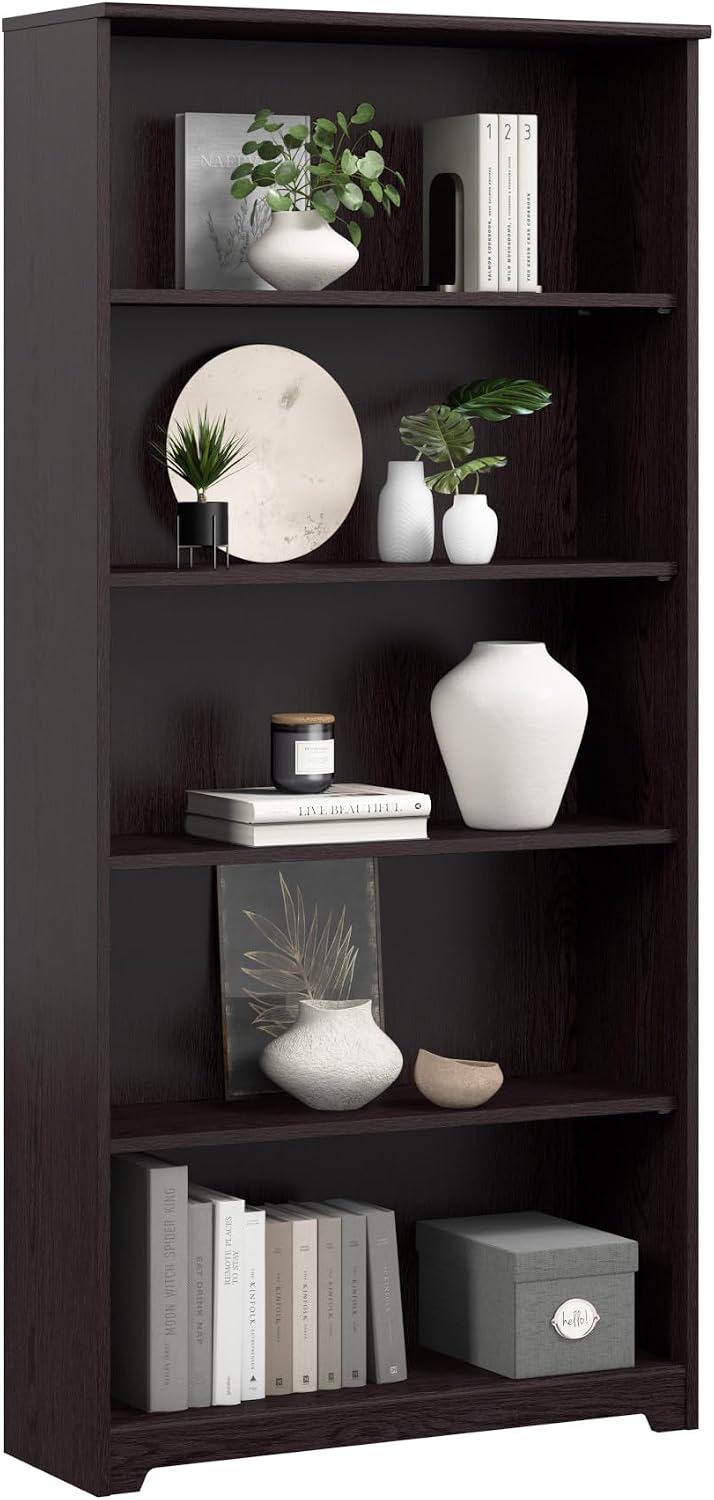 Bush Home Tall 5 Shelf Bookcase, Large Open Bookshelf, Sturdy Display Cabinet for Living Room or Home Office, Cabot Collection, Espresso Oak