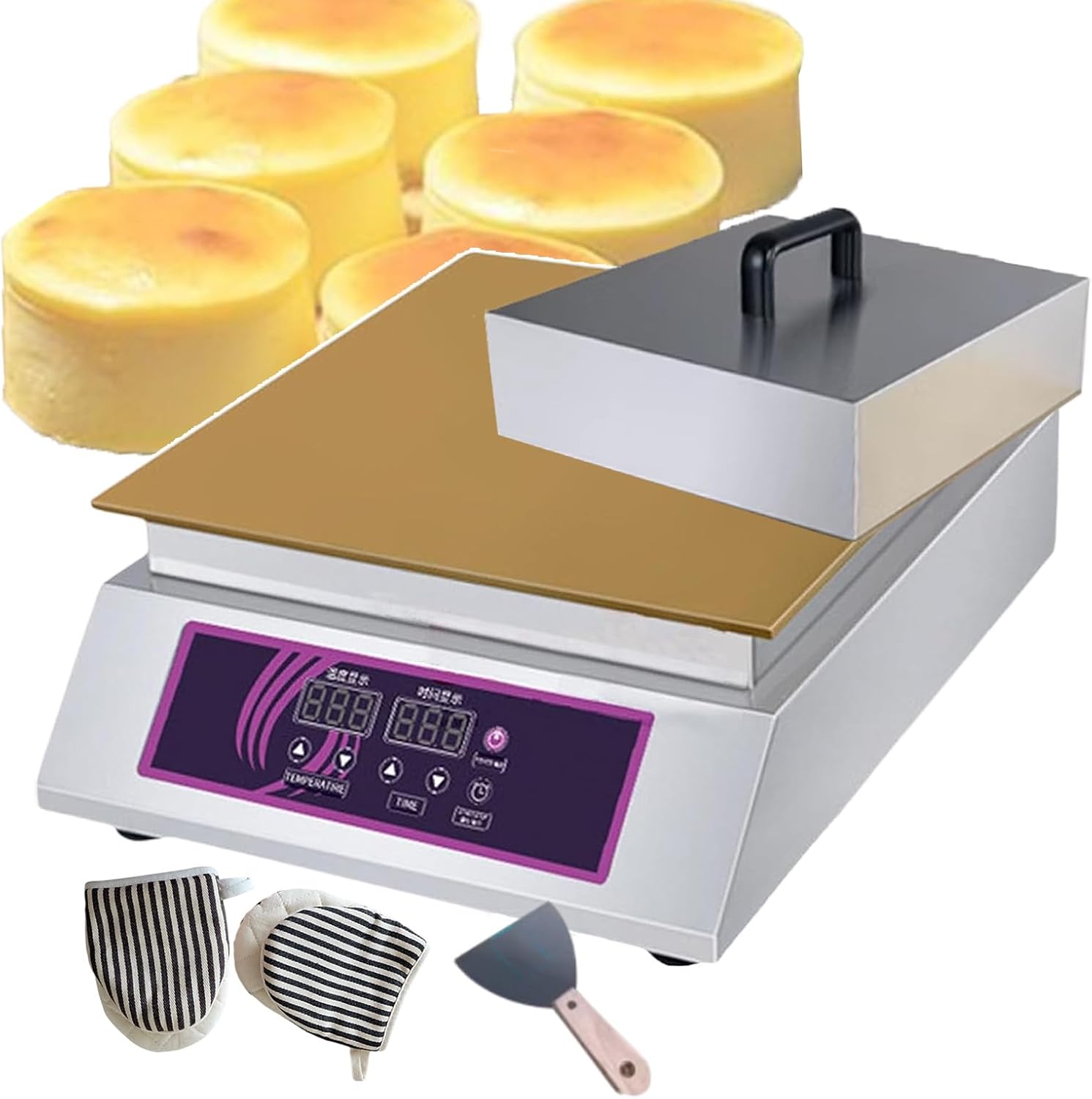 1300w Electric Souffle Machine Waffle Maker Commercial Electric Griddle with Gloves, Electric Contact Grill with Temperature Display + Time Display, for Desserts