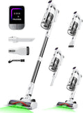 Cordless Vacuum Cleaner for Home, Upgraded 60Kpa Powerful Suction Pet Hair Vacuum with 70min Runtime, Green LED Light for Hardwood Floors & Carpet, Self-Standing Rechargeable Stick Vacuum, Grey-white