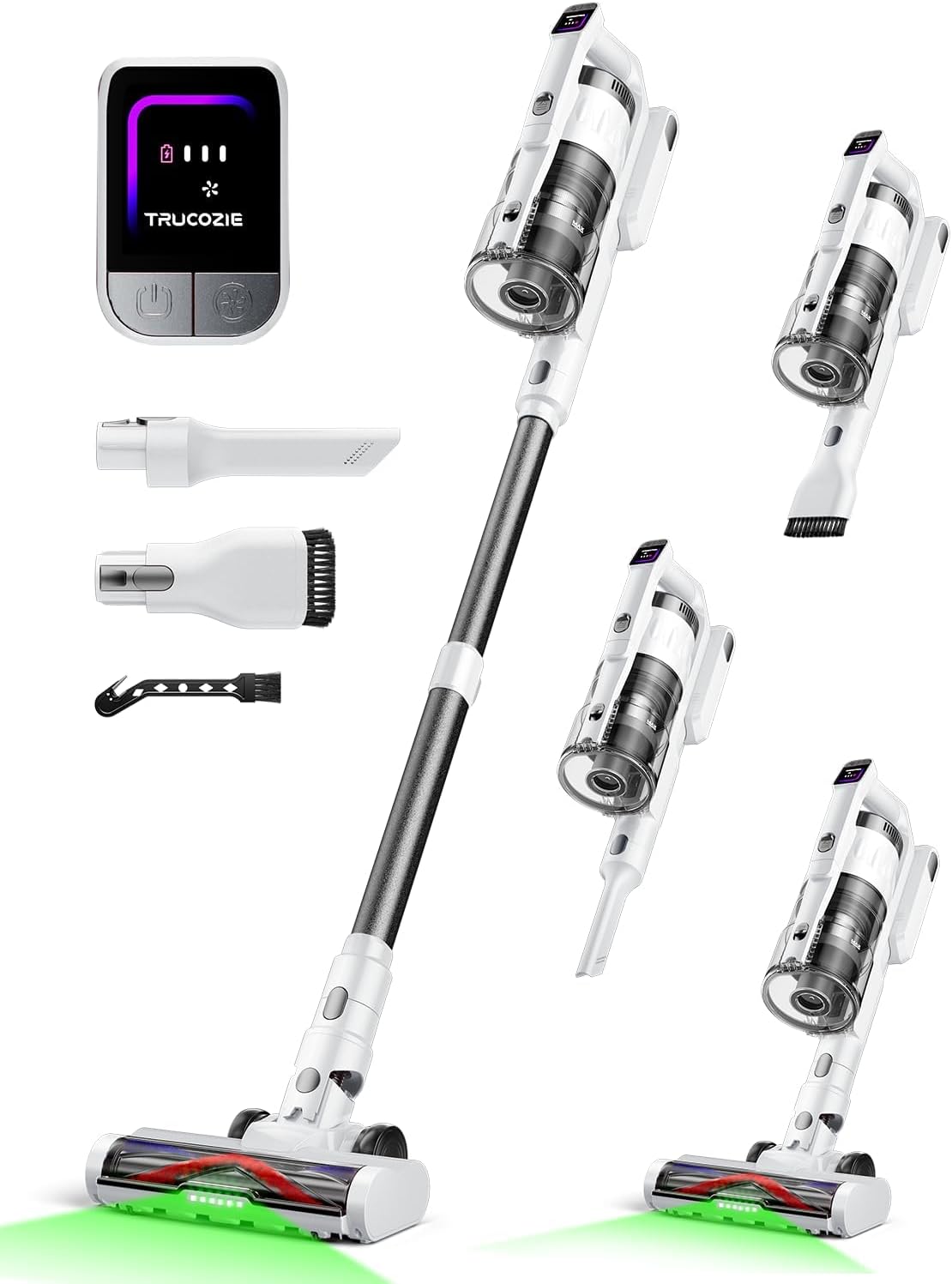 Cordless Vacuum Cleaner for Home, Upgraded 60Kpa Powerful Suction Pet Hair Vacuum with 70min Runtime, Green LED Light for Hardwood Floors & Carpet, Self-Standing Rechargeable Stick Vacuum, Grey-white