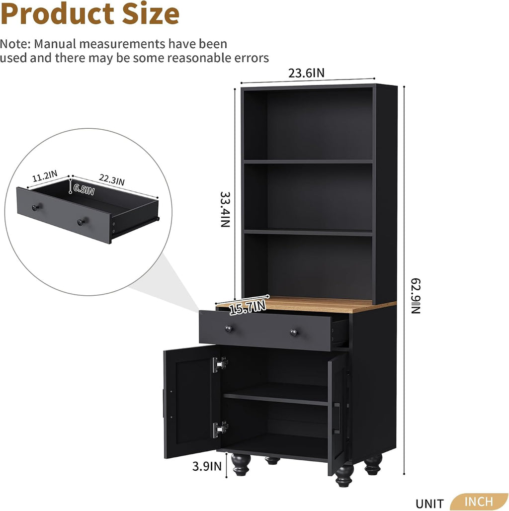 JOSHEN 63' Farmhouse Wood Grain & Solid Gourd Legs Showcase Cabinet, Display Case with Adjustable Shelves, Lego Display Shelves with Anti-Tip Kit & Drawer for Living Room, Kitchen, Black+Natural