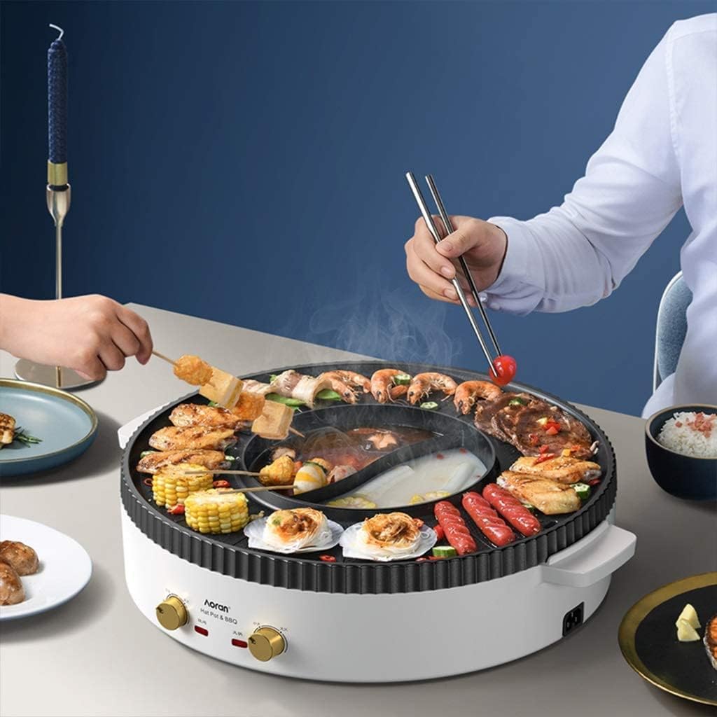 Electric Grill Indoor Integrated Electric Hot Pot Electric Barbecue Grill, Multifunctional BBQ Hot Pot Double Pot, Non-Stick Electric Baking Pan Tray Is Convenient Indoor Baking Capacity For 3-12 Peop