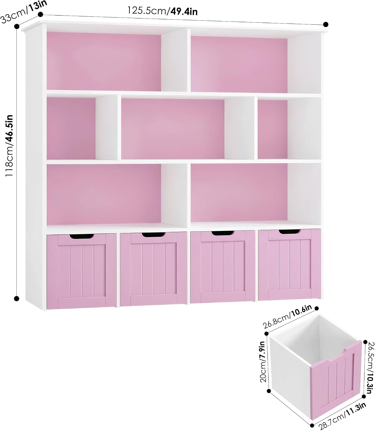 FINETONES Toy Storage Organizer, Kids Bookshelf with 4 Movable Chests and 7 Storage Cubes, Toy Chest Storage with Hidden Wheels, Toy Organizers and Toy Storage, Pink