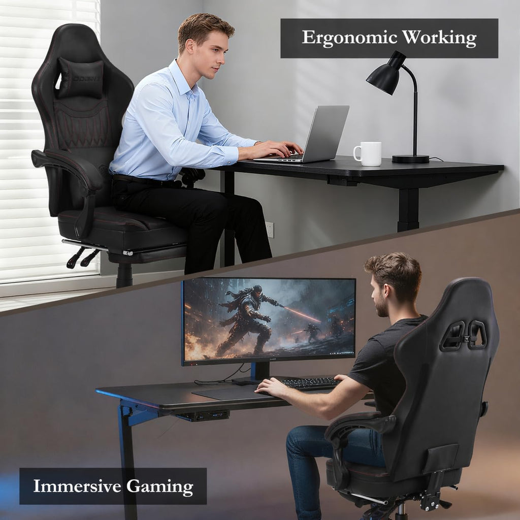 Dowinx Gaming Chair Breathable PU Leather Gamer Chair with Footrest Massage Lumbar Support, Big and Tall Ergonomic Reclining Computer Chair with Pocket Spring Cushion for Adults Teens(Black)