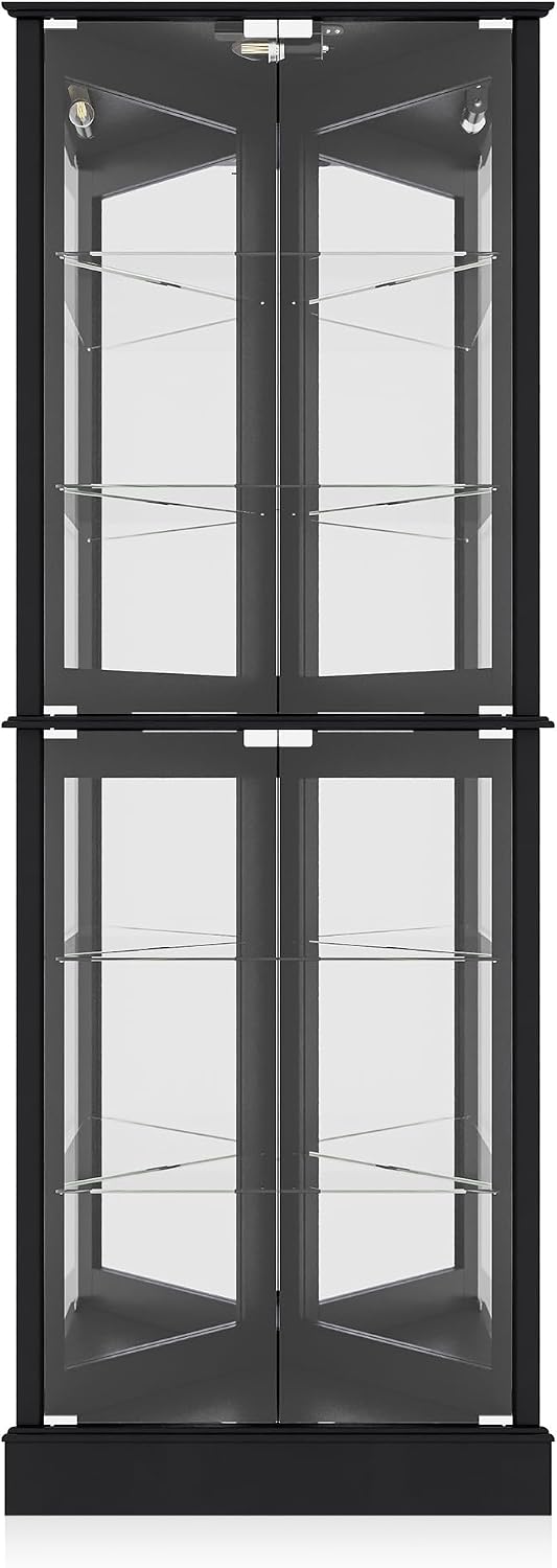 BELLEZE Lighted Corner Display Curio Cabinet Wooden Shelving Unit with Tempered Glass Door, Bar and Liquor Storage Area with 6 Shelves - Woody (Black)