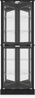 BELLEZE Lighted Corner Display Curio Cabinet Wooden Shelving Unit with Tempered Glass Door, Bar and Liquor Storage Area with 6 Shelves - Woody (Black)