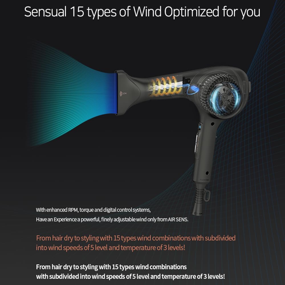 JMW Korean Professional Salon Hair Dryer AIR Sense I 15 Winds-3 Heat X 5 Speed Mix, 2 Nozzles & Dryer Stand, Upgrade BLDC Motor, 100% Cool Shot, Smart Memory, Fast Drying, Quiet and Long-Lasting