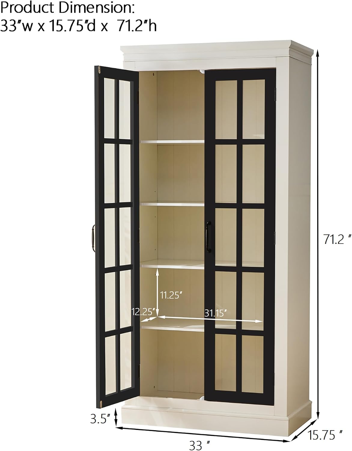 Merax 71.2' Tall Display Cabinet with Glass Doors,Rustic Style China Cabinet,Curio Cabinet for Collectibles Figures Trophies for Hallways Living Room, Kitchen, Home, Studio or Workspace,White & Black