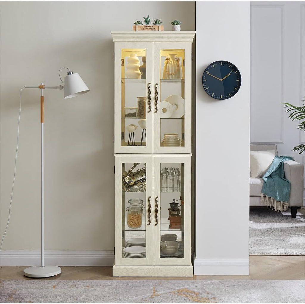Lighted Glass Curio Cabinet with Lights & Adjustable Shelves,White Corner Curio Display Cabinet with Wood Frame (Free Standing,Light Bulb Include)
