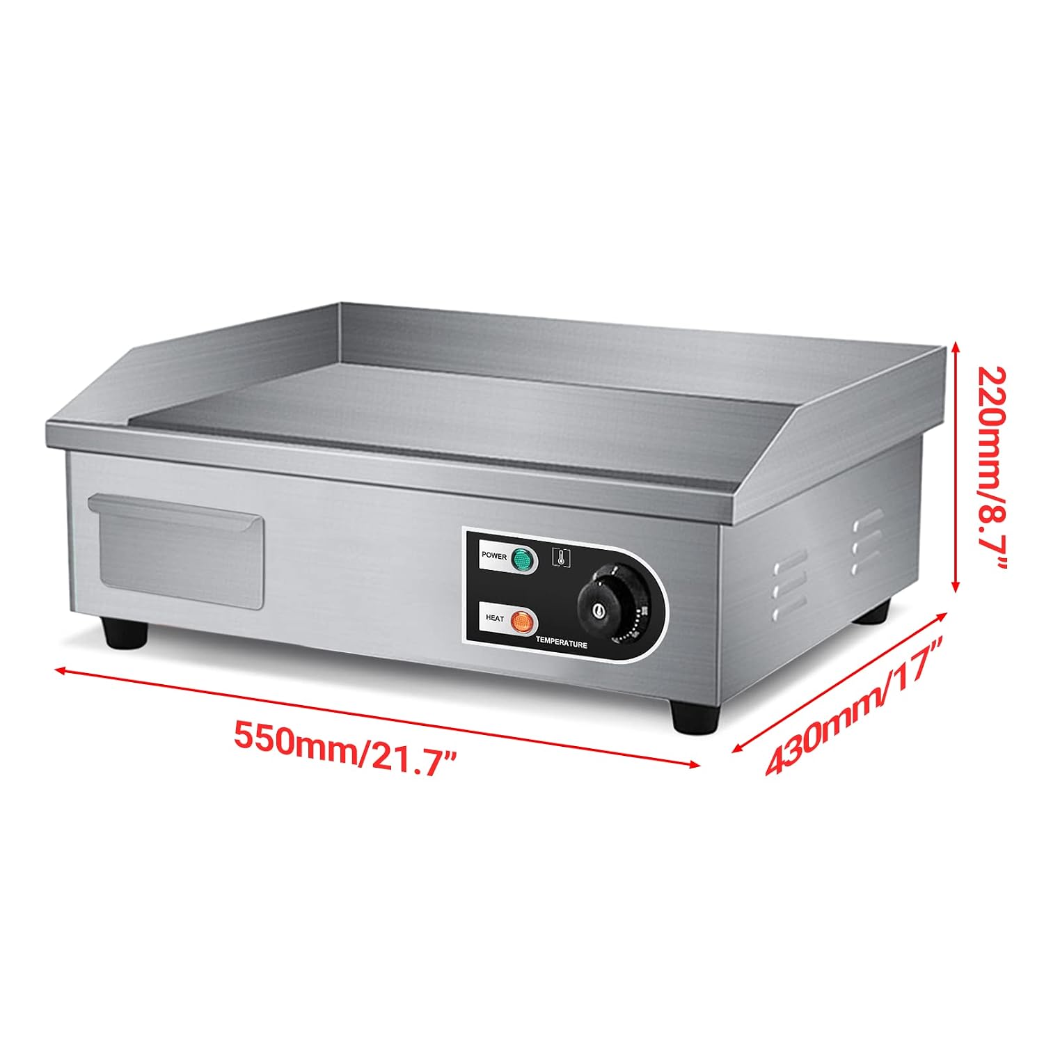 22' Electric Countertop Flat Top Griddle 1600W 110V Non-Stick Commercial Restaurant Teppanyaki Grill Stainless Steel Adjustable Temperature Control 50~300℃
