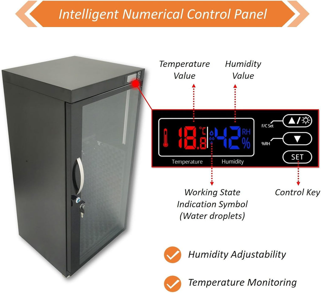 Electronic Humidifying and Dehumidifying Dry Cabinet Box, 110V Musical Instrument Storage Cabinet, 35-60% RH Humidity Control for Bass, Violin, Guitar, Constant Humidity with Lockable Door
