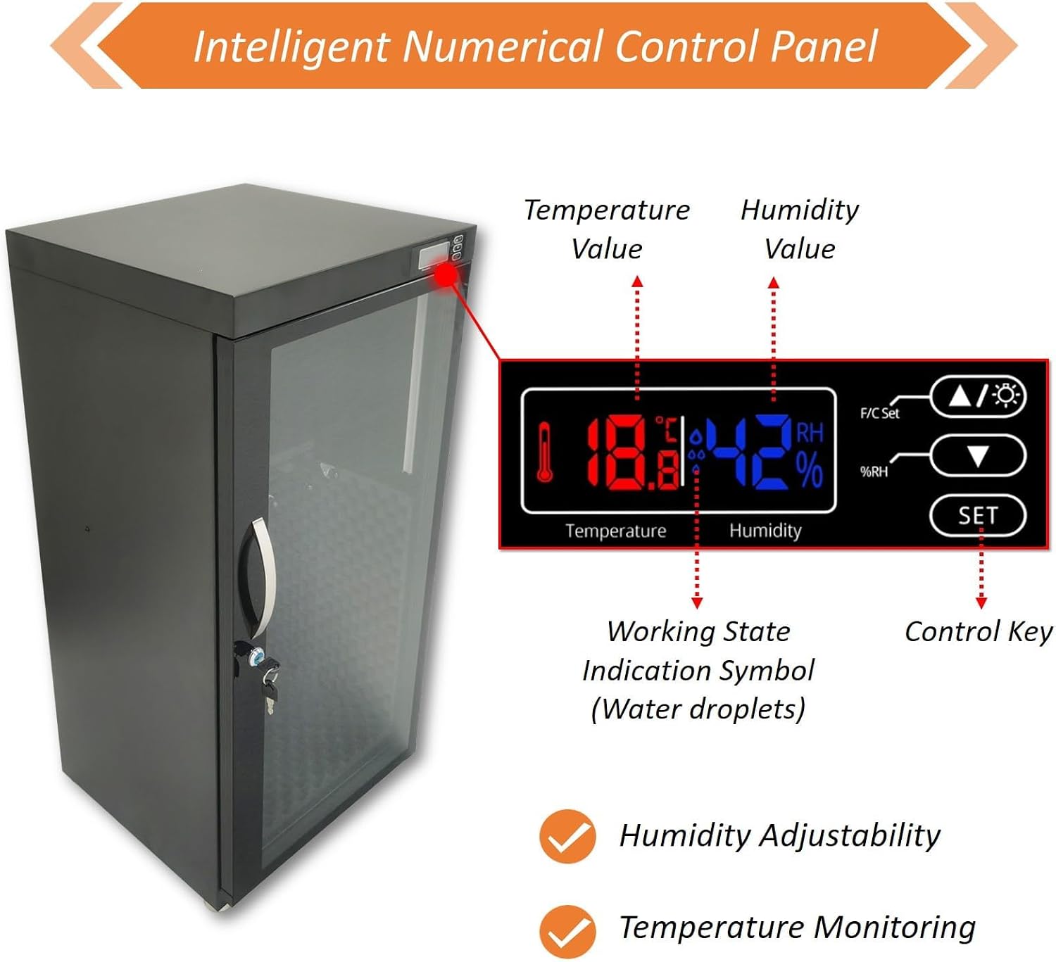 Electronic Humidifying and Dehumidifying Dry Cabinet Box, 110V Musical Instrument Storage Cabinet, 35-60% RH Humidity Control for Bass, Violin, Guitar, Constant Humidity with Lockable Door