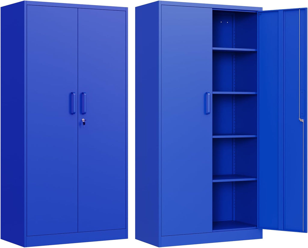 Metal Garage Storage Cabinet, 71' Locking Storage Cabinet with 2 Doors and 4 Adjustable Shelves, Lockable Metal Cabinet for Home,Garage,Gym,School（Blue）