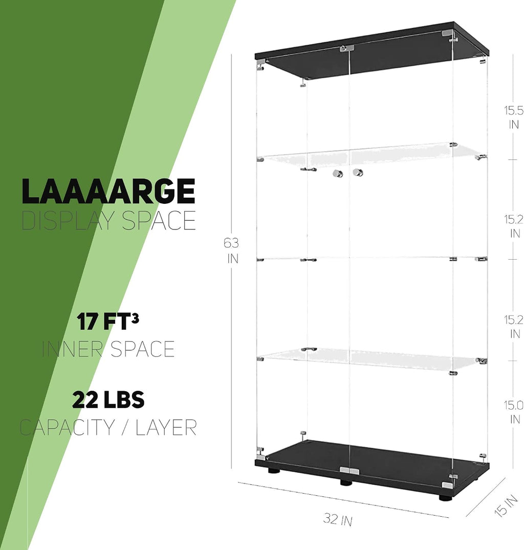 Beauty4U Glass Display Cabinet with 4 Shelves, 2 Doors Curio Cabinets for Living Room, Bedroom, Office, Black Floor Standing Glass Bookshelf, Quick Installation