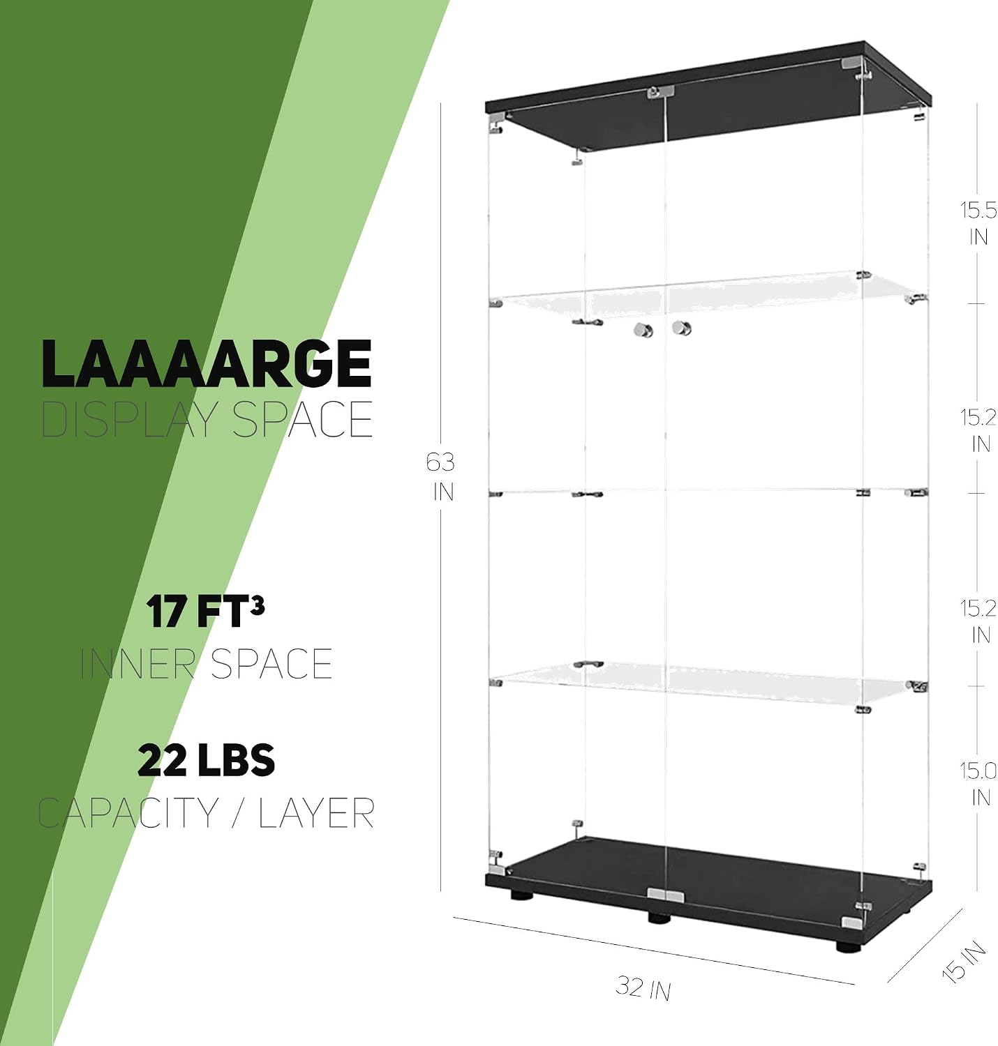 Beauty4U Glass Display Cabinet with 4 Shelves, 2 Doors Curio Cabinets for Living Room, Bedroom, Office, Black Floor Standing Glass Bookshelf, Quick Installation