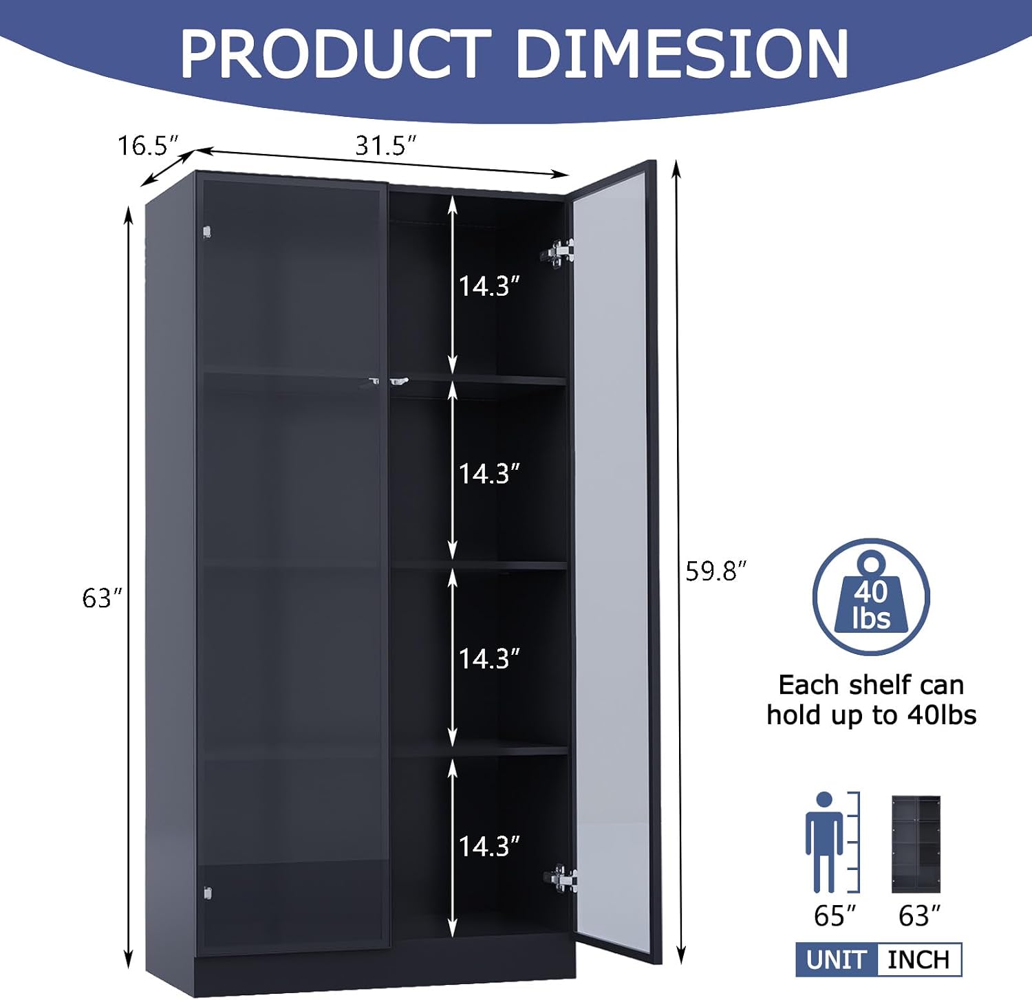 Glass Display Cabinet with LED Lights, Display Case Bookcase with 4-Tier Shelves, Curio Cabinet with 2 Glass Doors, Storage Cabinet for Collectibles, Living Room