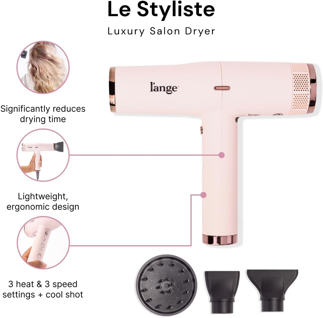 L'ANGE HAIR Le Styliste Hair Dryer | Quiet Brushless Blow Dryer with Diffuser | 1875 Watts for 4X Faster Drying | Hairdryer with 3 Heat & Speed Settings | Best Hair Dryers for Blowouts