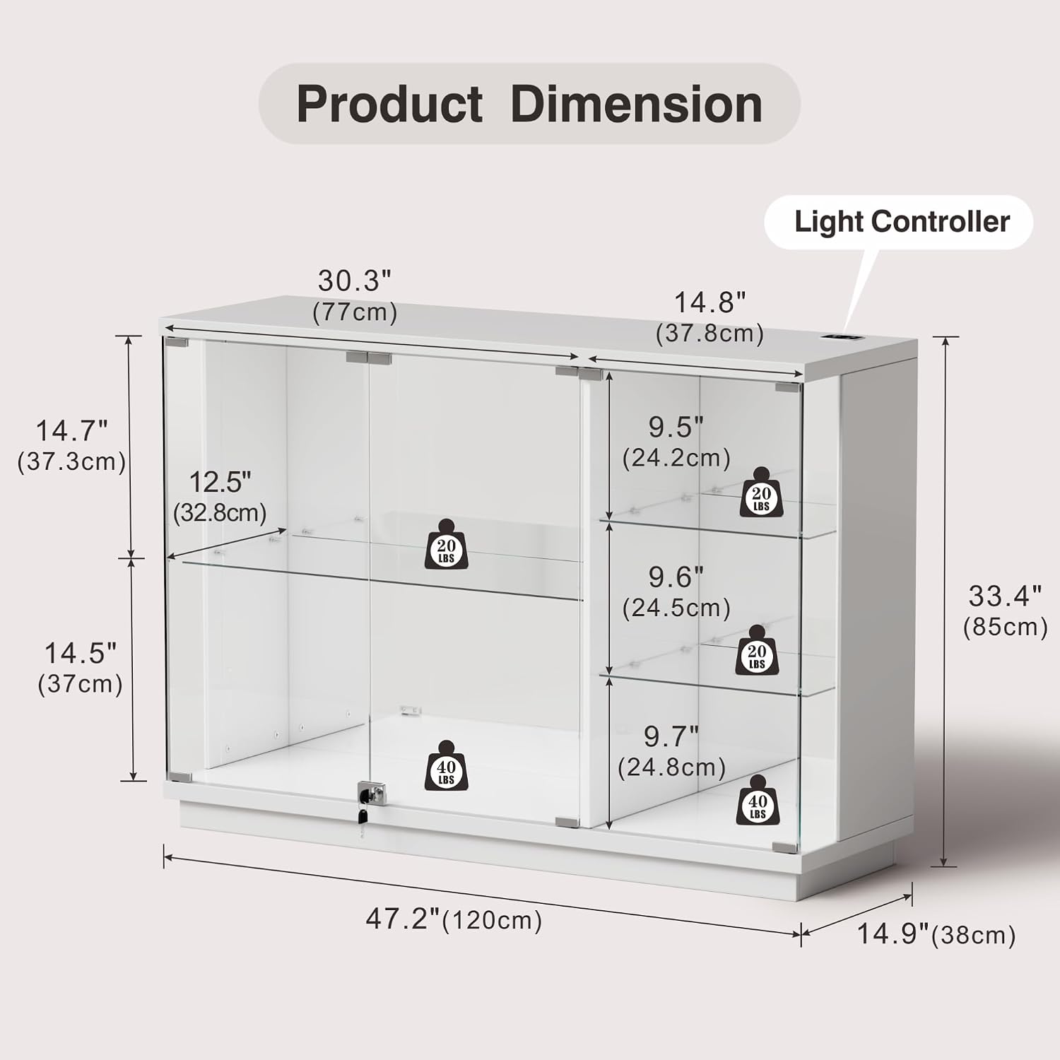 Lvifur Glass Display Cabinet with Lock & LED Light, High Gloss Sideboard with Human Body Sensor & Glass Shelves for Toys, Books, Collectibles, Liquor, Bookcase for Living Room, Kitchen, Study, White