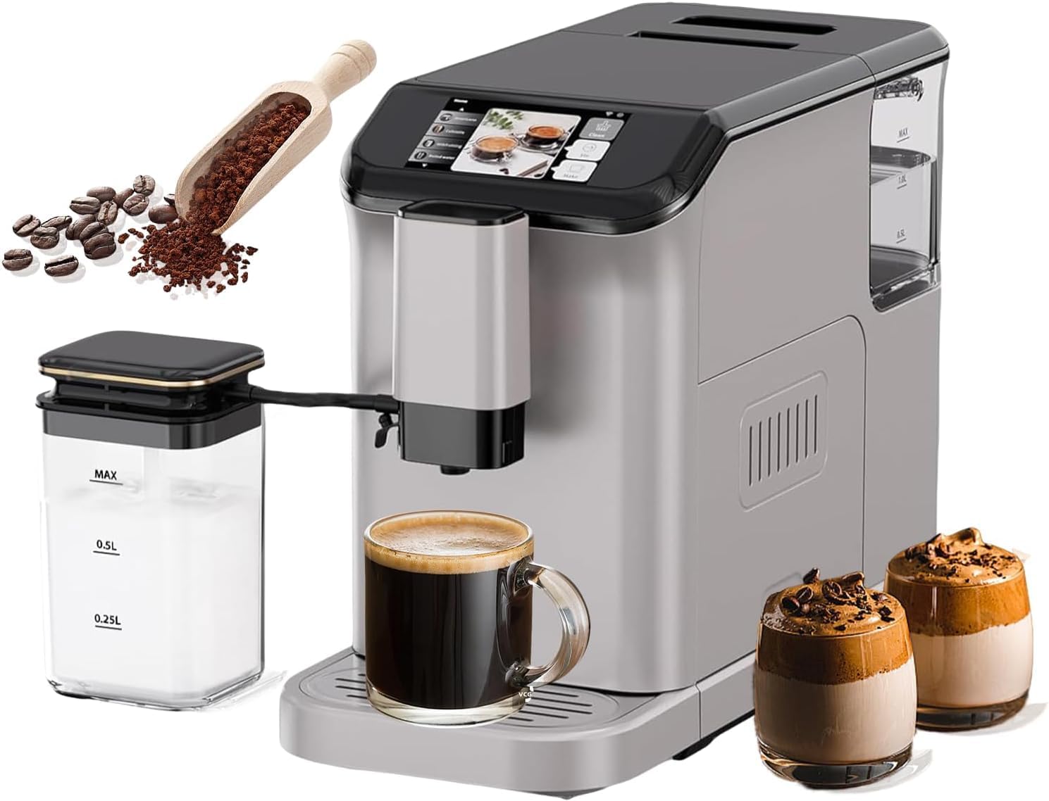 Fully Automatic Espresso Coffee Machine with Milk Frother, 20 Bar Pressure, 15 Adjustable Grind Levels, TFT Touchscreen, 8-In-1 Cappuccino Latte Maker, Removable Water Tank