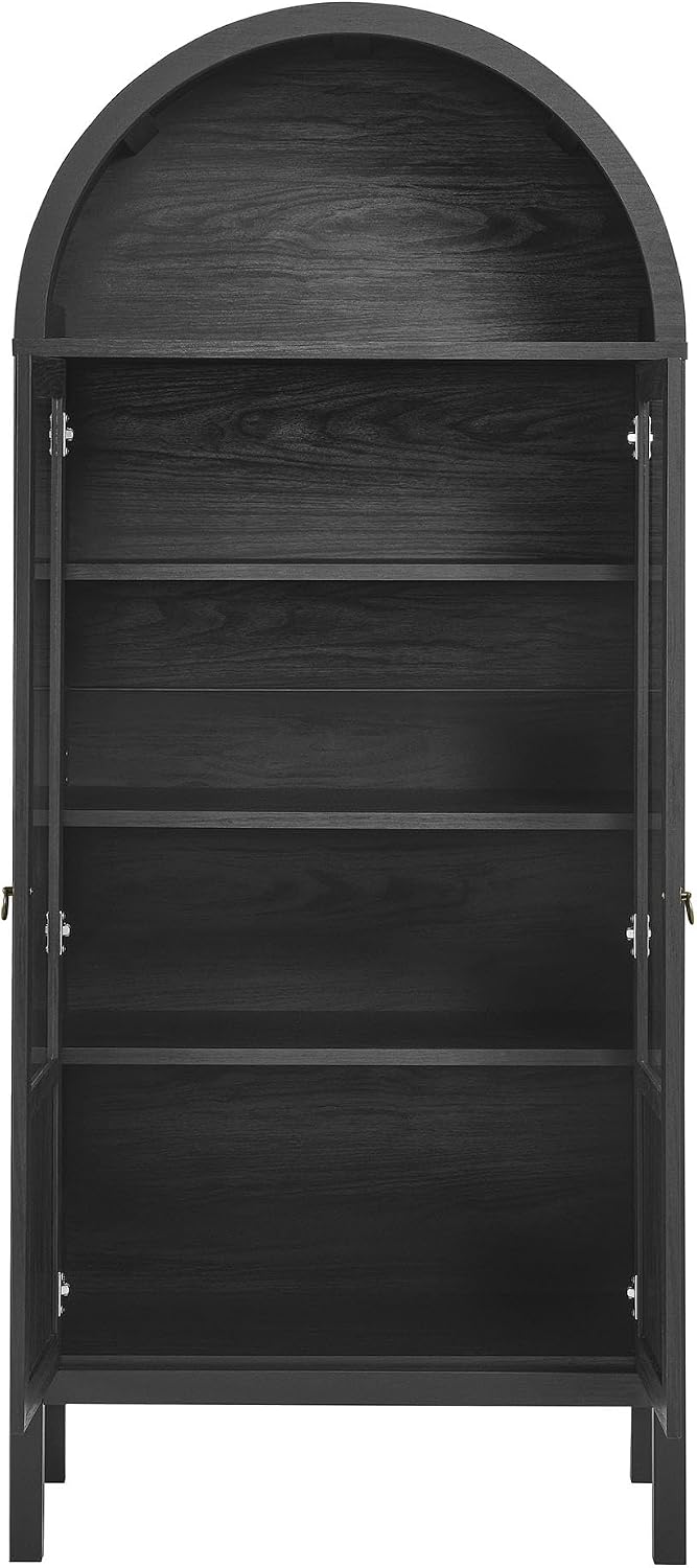 Modway Tessa Arched 71 Inch Tall Arched Storage Display Cabinet in Black Wood Grain - 4-Tier Bookcase with Glass Doors and Shelves - Arch Accent Cabinet for Living Room, Dining Room