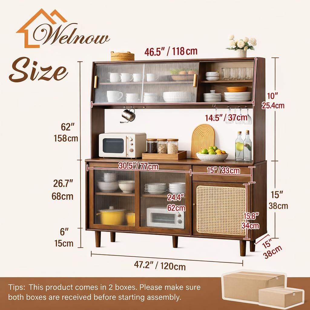 Welnown Kitchen Hutch Cabinet with Countertop, 69' Tall Pantry Storage Cabinet, Rattan Solid Wood Buffet Sideboard, Entryway Storage Table for Living Room, Dining Room, Walnut