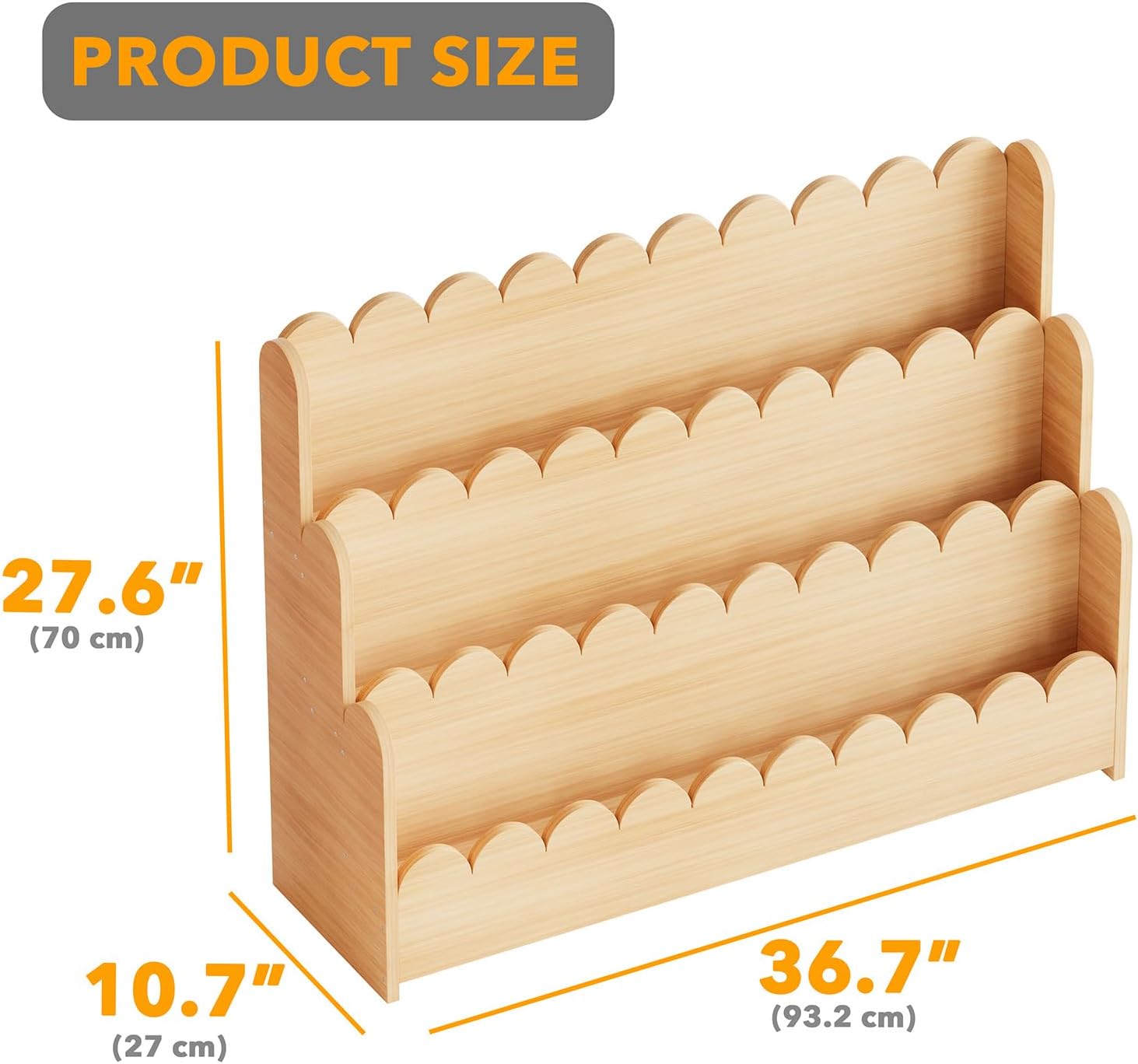 SpaceAid 3-Tier Scalloped Bookshelf, Montessori Bookcase for Toddlers, Wooden Book Shelf Organizer Display Furniture for Kids Rooms, Playroom, Nursery and Classroom, 36.7' Wide, Natural