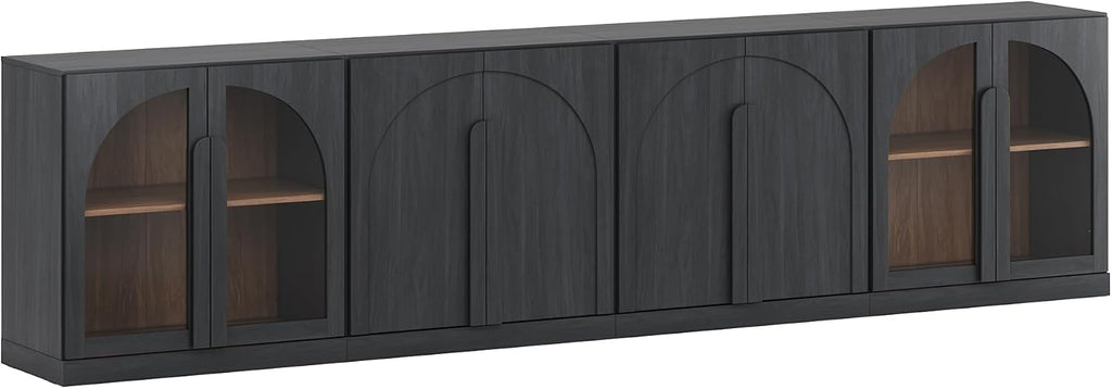 BELLEZE 4-Piece Modular Sideboard Buffet Cabinet, Set of 2 Arched Wood Door Cabinet and Glass Door Storage with Adjustable Shelf, Large Console Credenza for Living Room Kitchen, Ebony
