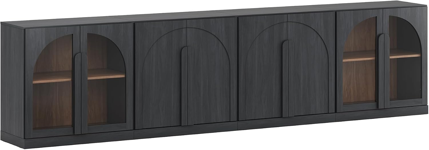 BELLEZE 4-Piece Modular Sideboard Buffet Cabinet, Set of 2 Arched Wood Door Cabinet and Glass Door Storage with Adjustable Shelf, Large Console Credenza for Living Room Kitchen, Ebony