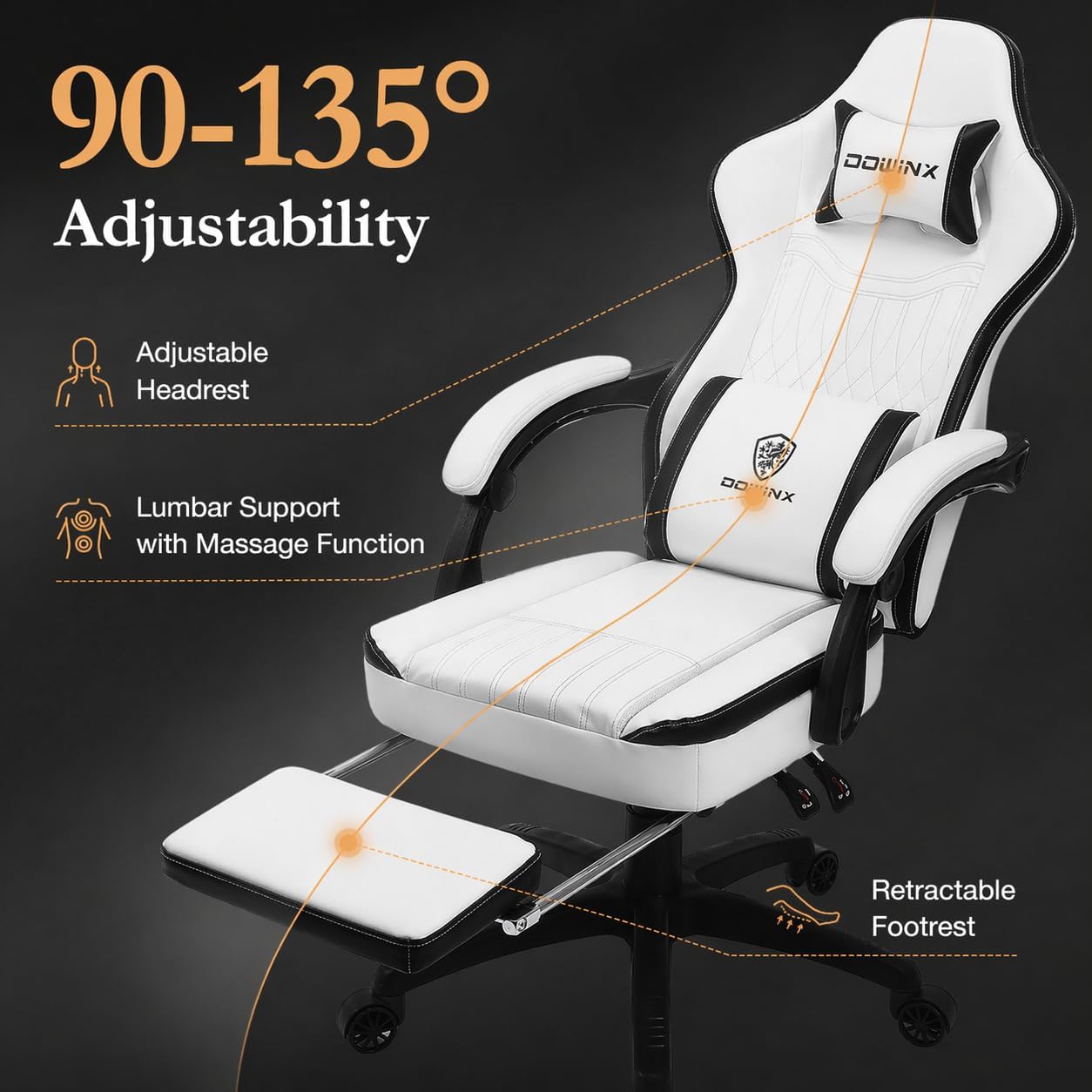 Dowinx Gaming Chair Breathable PU Leather Gamer Chair with Footrest Massage Lumbar Support, Big and Tall Ergonomic Reclining Computer Chair with Pocket Spring Cushion for Adults Teens (Black&White)
