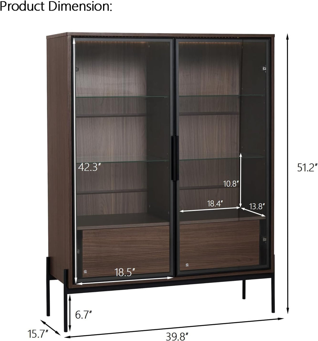 JOSHEN 51' Modern LED-Lit Showcase Cabinet, Lego Display Case with 2 Drawers, Lego Display Shelves 4-Tier Adjustable for Home Office Living Room, Black + Dark Walnut