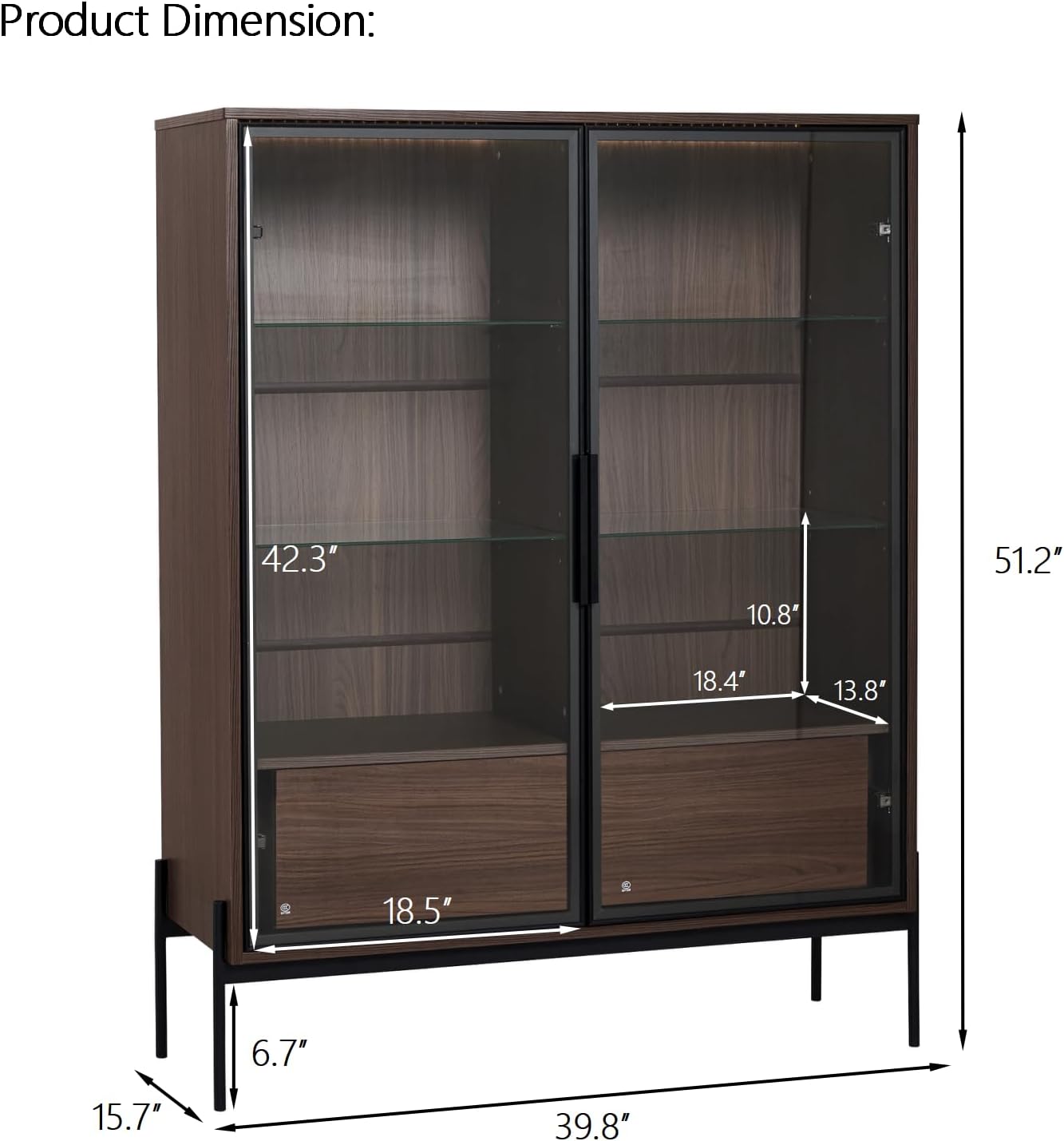 JOSHEN 51' Modern LED-Lit Showcase Cabinet, Lego Display Case with 2 Drawers, Lego Display Shelves 4-Tier Adjustable for Home Office Living Room, Black + Dark Walnut