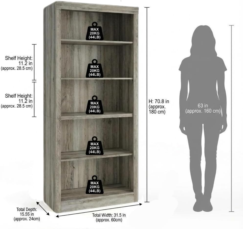 GarveeHome 71 in Tall Bookcase,Wooden Bookshelf with 5 Tiers, Modern Book Shelf in Ivory White, Floor Standing Display Shelves for Bedroom, Living Room and Office for Home