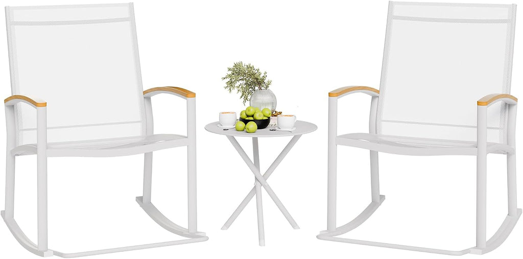 Shintenchi 3 Piece Outdoor Rocking Bistro Set, Textilene Fabric Small Patio Furniture Set, Front Porch Rocker Chairs Conversation Set with Table for Lawn, Garden, Balcony, Poolside (White)