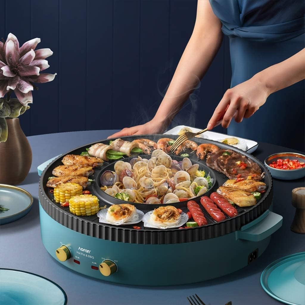 Electric Grill Indoor Multifunctional BBQ Hot Pot Double Pot, Electric Hot Pot and Barbecue Grill, Non-Stick Electric Baking Pan Tray is Convenient Indoor Baking Capacity for 2-6 People (Color : B)