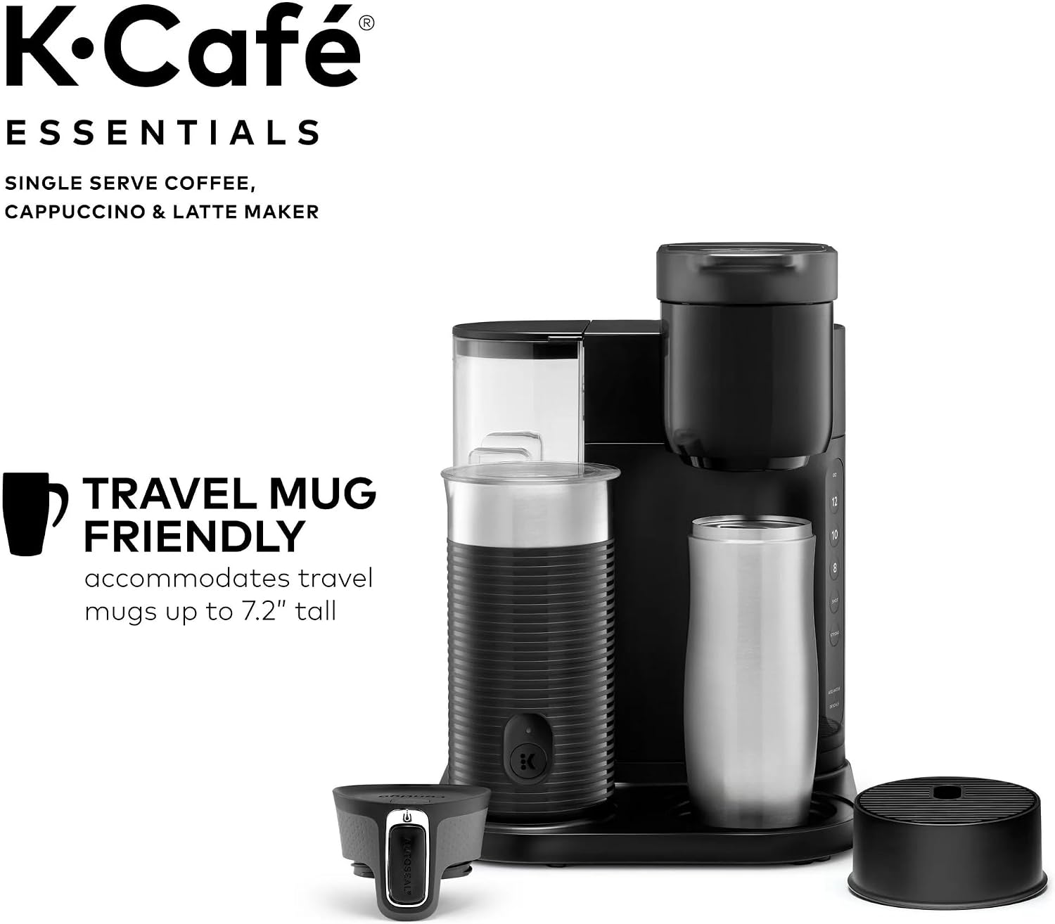 Single Serve Coffee Maker, Built-In Milk Frother, Latte & Cappuccino Brewer, Espresso Shot, 3 Brew Sizes, 42 oz Water Reservoir, Travel Mug Friendly, Auto-Off, Black, Compact Design