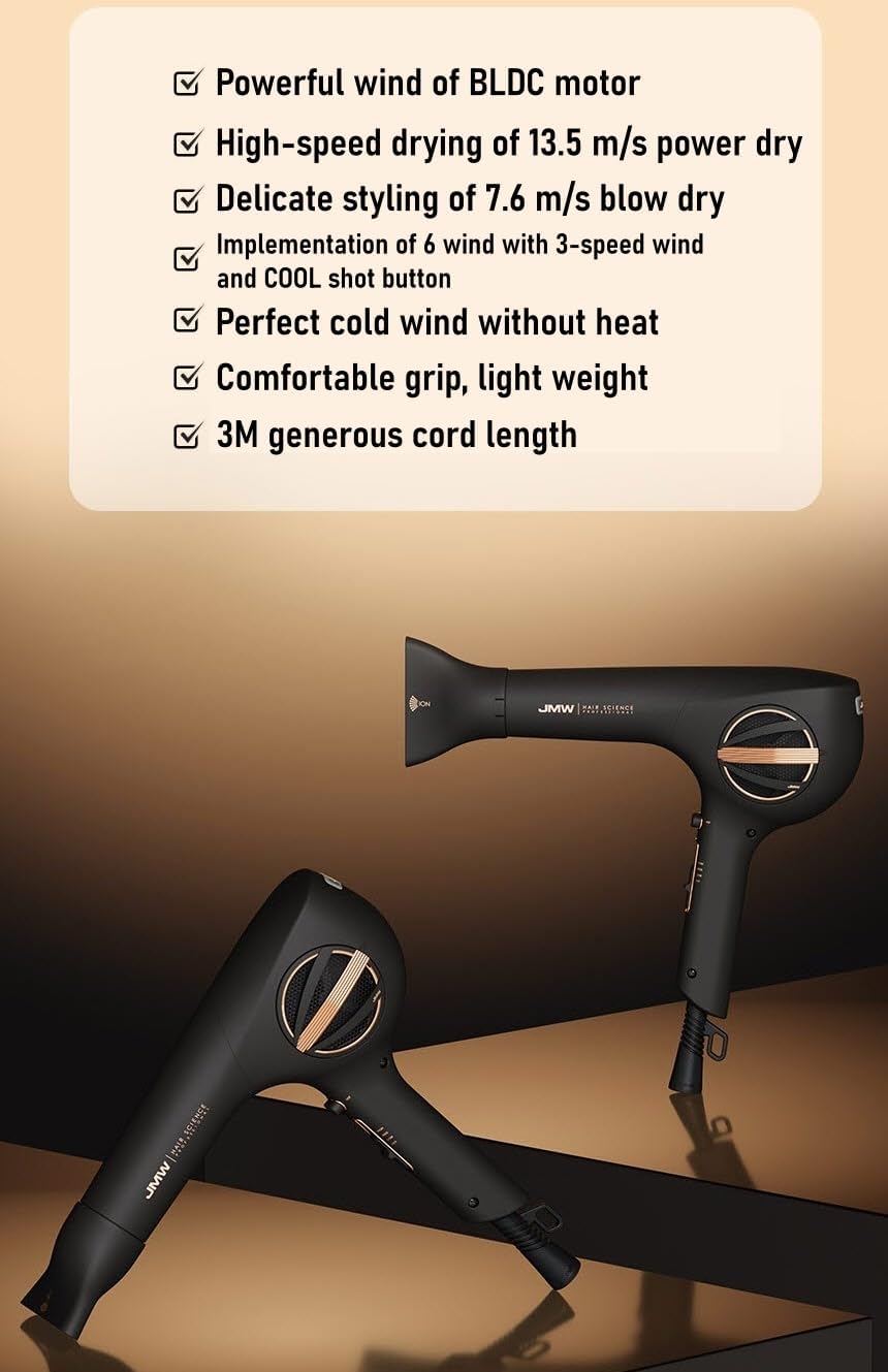 JMW M7502A-1800W Professional BLDC Motor Hair Dryer, Lightweight Fast Drying, Ionic Blow Dryer for Frizzy Hair, High Speed Salon Quality Hairdryer