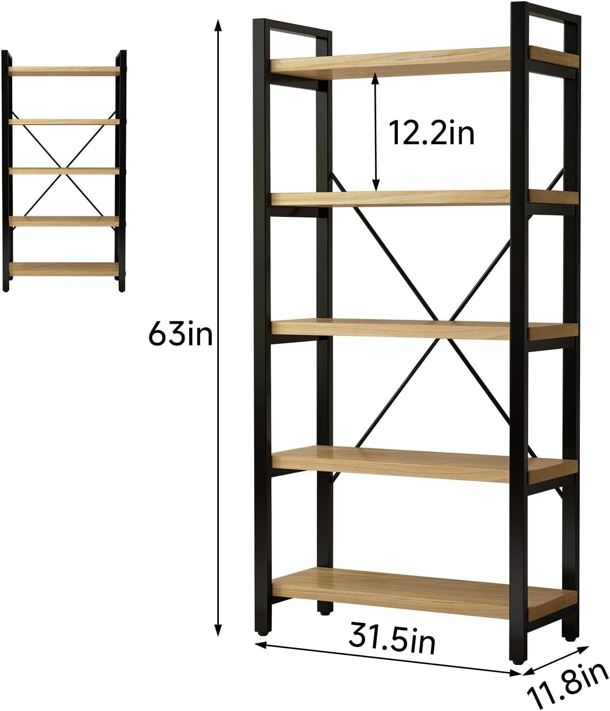 WH-AOERPUMY Real Solid Wood Bookshelf Shelves Rustic Vintage Industrial Etagere Bookshelf, Metal & Timber Free Vintage Bookcase, (Genuine Timber) (5-Tiers-Natural Finish)