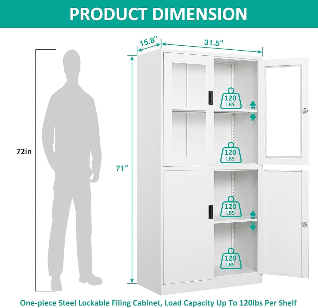 SISESOL Storage Cabinet with Glass Doors and Shelves, Freestanding Kitchen Pantry Cabinet for Home, Office, Bathroom