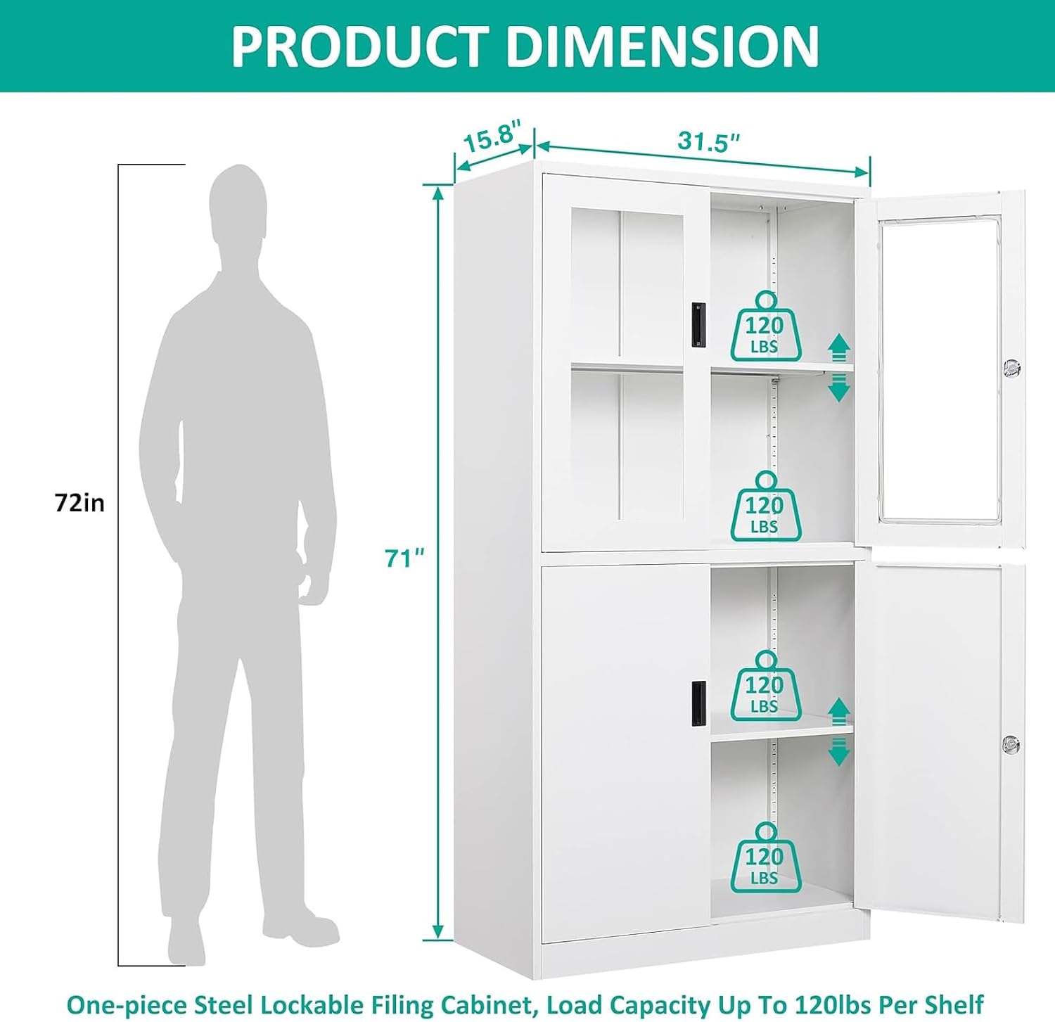 SISESOL Storage Cabinet with Glass Doors and Shelves, Freestanding Kitchen Pantry Cabinet for Home, Office, Bathroom