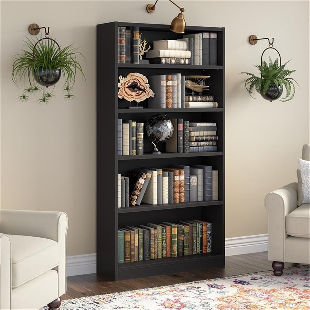 Bush Home Tall 5 Shelf Bookcase, 5 Tier Bookshelf Storage Cabinet with Adjustable Shelves for Living Room, Bedroom or Home Office, Universal Collection, Black