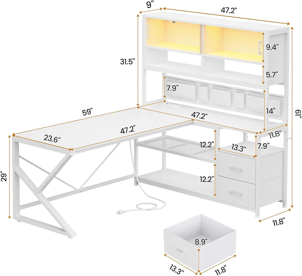 SEDETA L Shaped Gaming Desk, Home Office Computer Desk with 2 Drawer and Bookshelf, L Shaped Gaming Corner Desk with LED Light, Glass Cabinet,Storage Bag and Storage Shelves, White